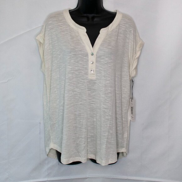 NEW Three Dots Textured Henley Tee Womens Medium M Cream Top T Shirt Casual G12X - Picture 1 of 6